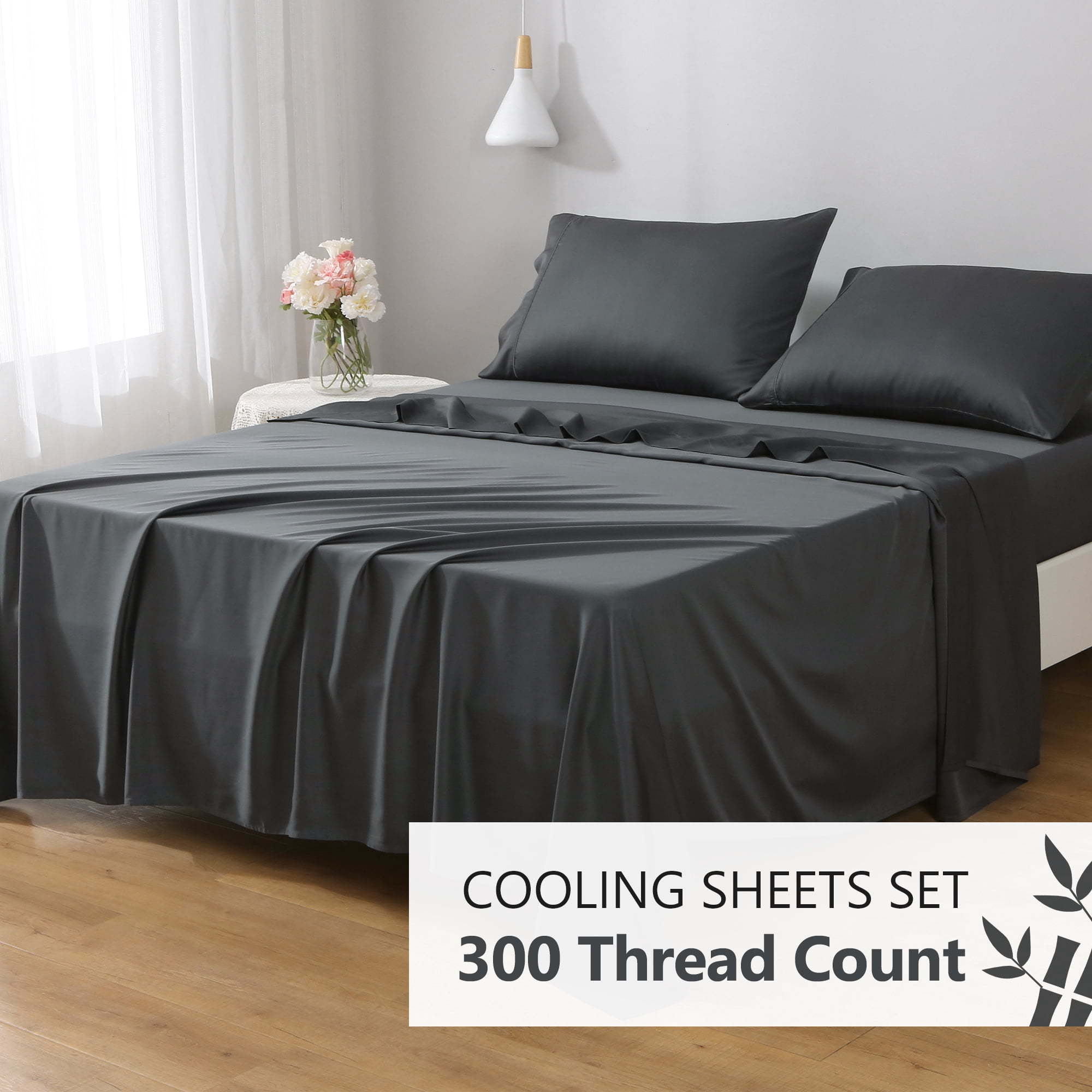 L Linen World 100% Viscose from Bamboo Sheets Set Full Size,Bamboo Cooling Bed Sheet 4 Pieces Deep Pocket Sheet,Silky Soft,Breathable(Shadow Grey,Full)