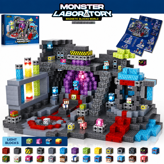 XMKP Magnetic Building Blocks 150PCS Monster Lab Adventure with Light-Up Cubes – STEM Montessori Sensory Construction Toy for Kids Ages 3-10 | Gift for Toddlers & Preschoolers