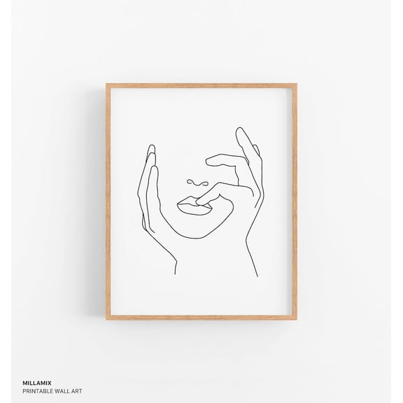Minimalist Woman Line Art Print, Hands On Face Home Decor #1689, 8x12 UNFRAMED
