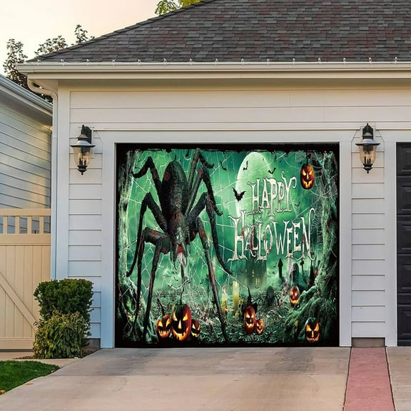 Wadada Halloween Garage Door Decor Banner Scary Giant Spider Halloween Garage Door Cover 7x8 Ft Pumpkin Bat Spider Web Horror Halloween Garage Door Banner Backdrop for Indoor Outdoor Wall Decor