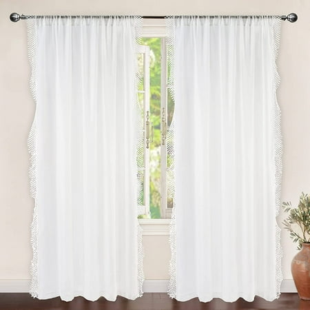 DriftAway Ava Lace/Crochet Trim Voile Sheer Window Curtain Panel Pair Off White 56 width x 84 length