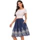 thumbnail image 4 of Love Welove Moda Mujer Verano Algodón A-Line Flare Bordado Hasta la rodilla Falda hasta la rodilla con forro Azul marino y bordado blanco Tamaño mediano, 4 of 5