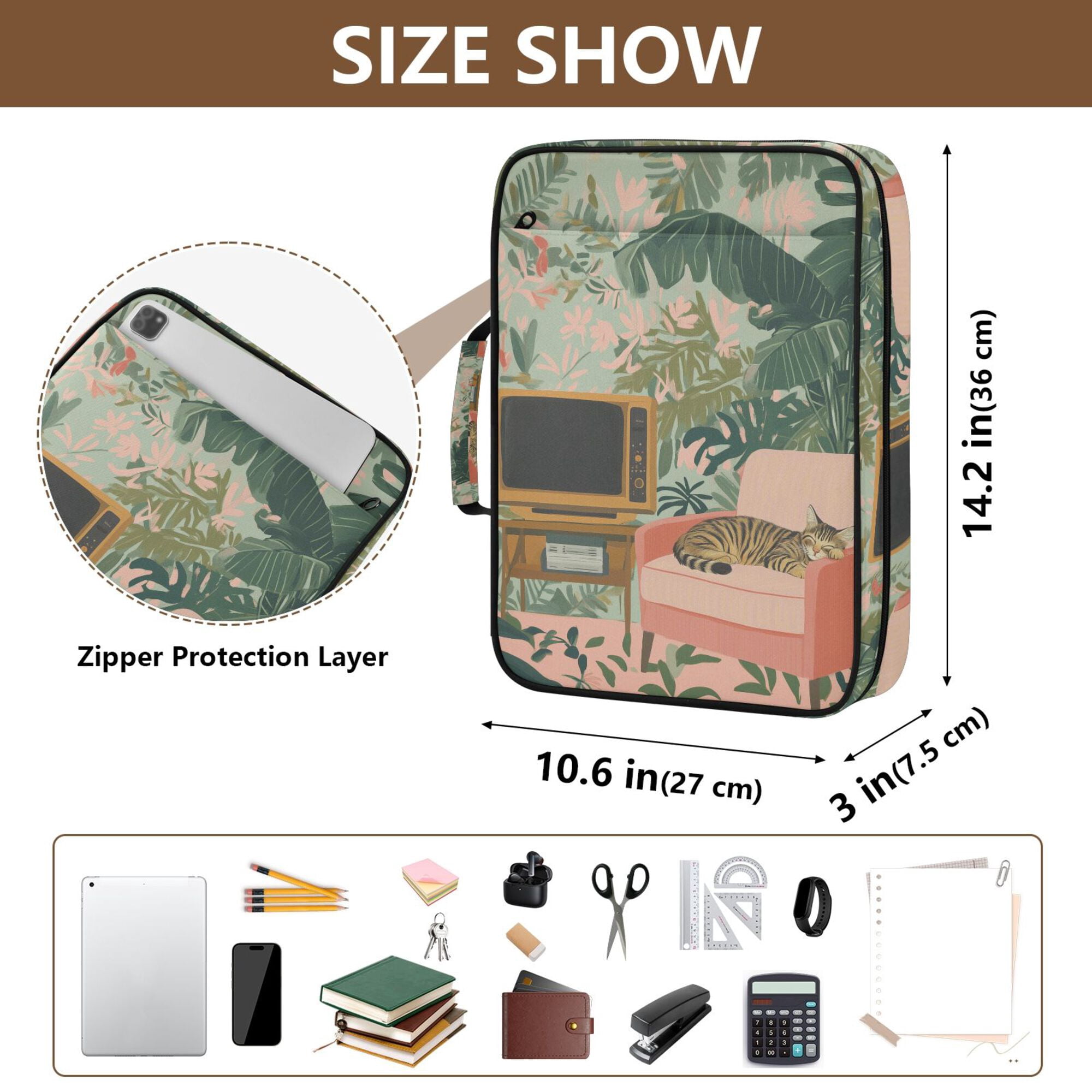 FORMRS Accordion File Folder A4 Size 7-Pocket Expanding Document Organizer Bag with 3 Ring Binder, Pink and Green Cat