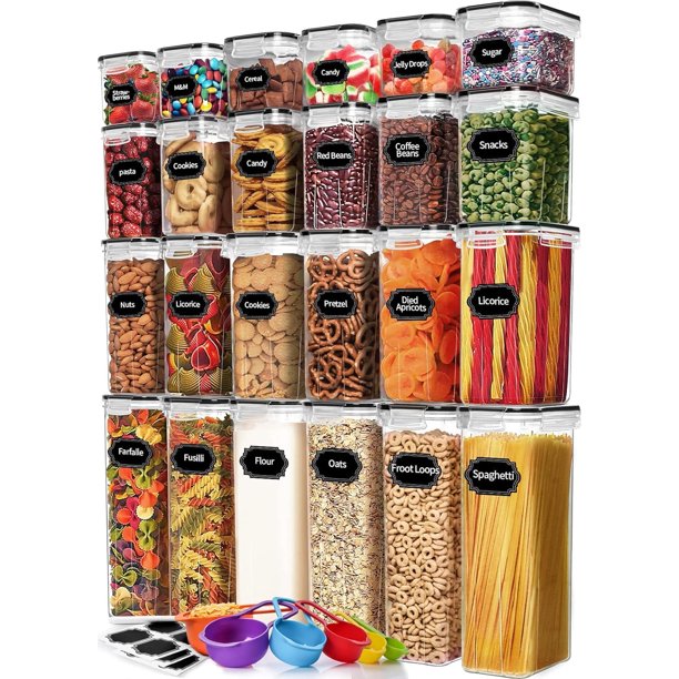 Paquete de 24 recipientes herméticos para almacenar alimentos con tapas para organizar y almacenar la despensa de la cocina, juego de botes de plástico para cereales, pastas, harina y azúcar, juego