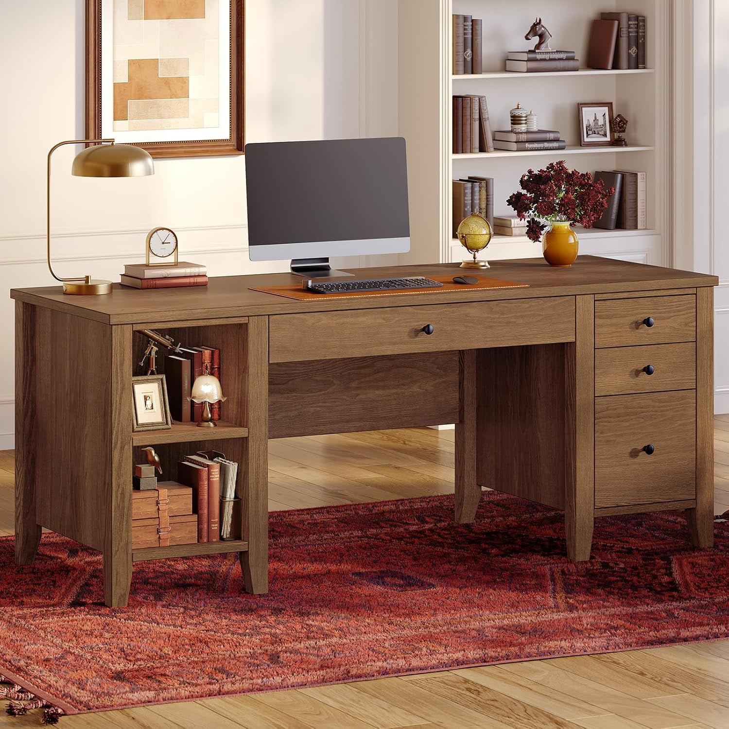 58'' Solid Wood Computer Desk with 4 Wood Drawers and Storage Shelves, Executive Home Office Desk, Study Writing Tabe