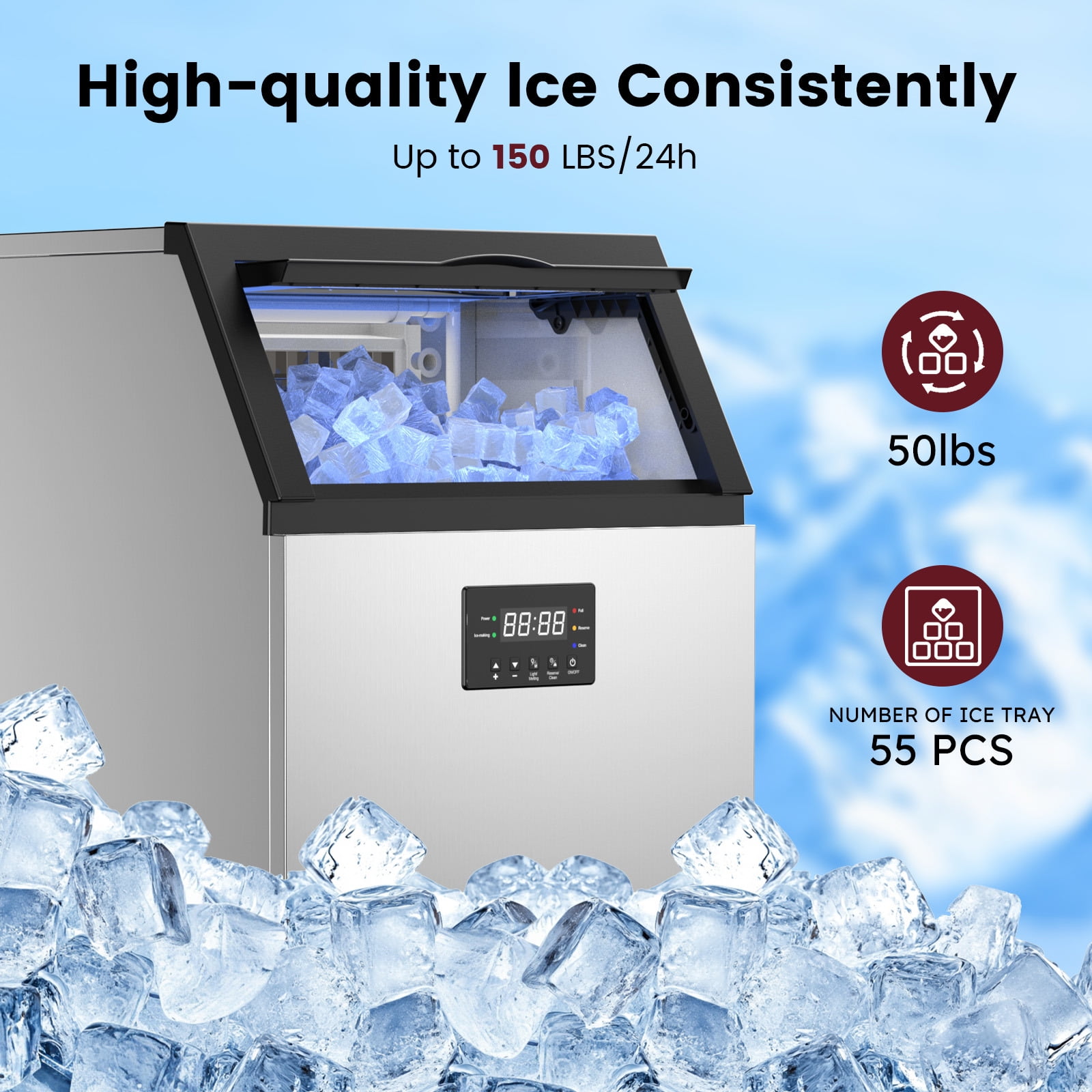 150lbs/24H Commercial Ice Maker Machine, Stainless Steel Under Counter ice Machine with 50lbs Ice Storage Capacity, Freestanding Ice Maker
