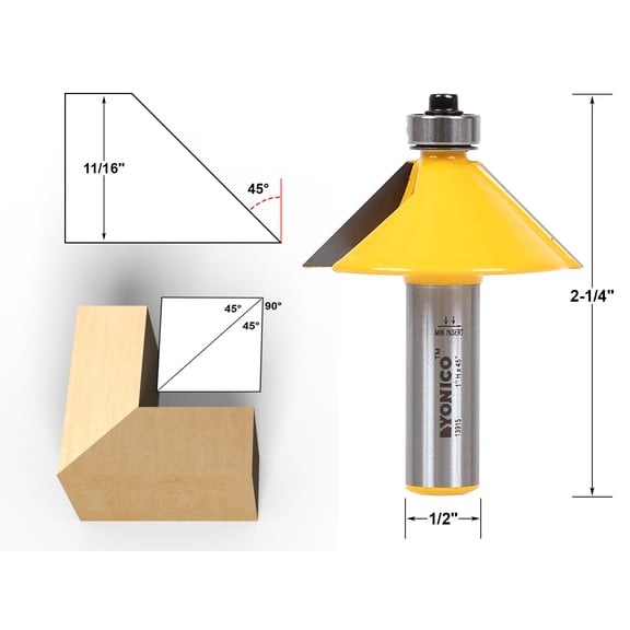 Yonico 45° Chamfer & Bevel Edging Router Bit - 1/2" Shank - 13915