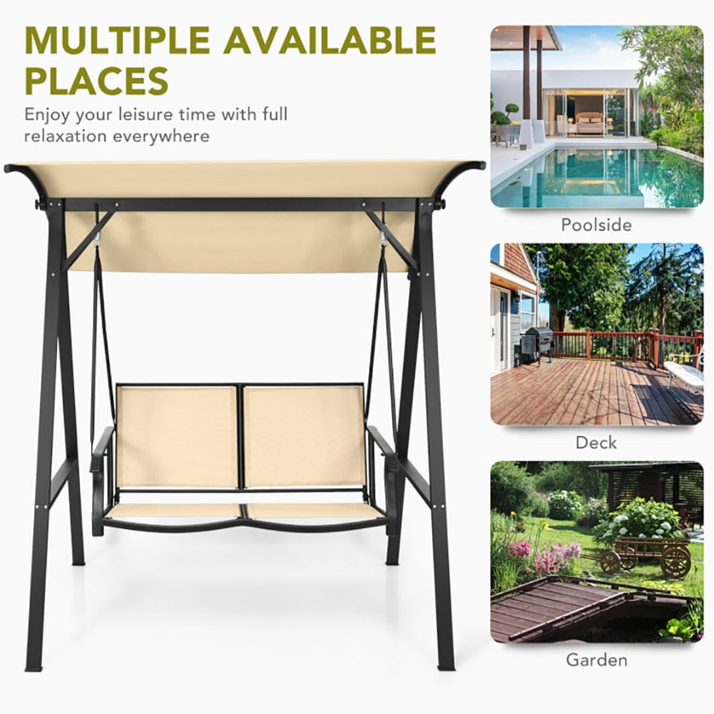 Aimee Lii Outdoor Porch Steel Hanging 2-Seat Swing Loveseat with Canopy, Outdoor Swing Chair, Beige