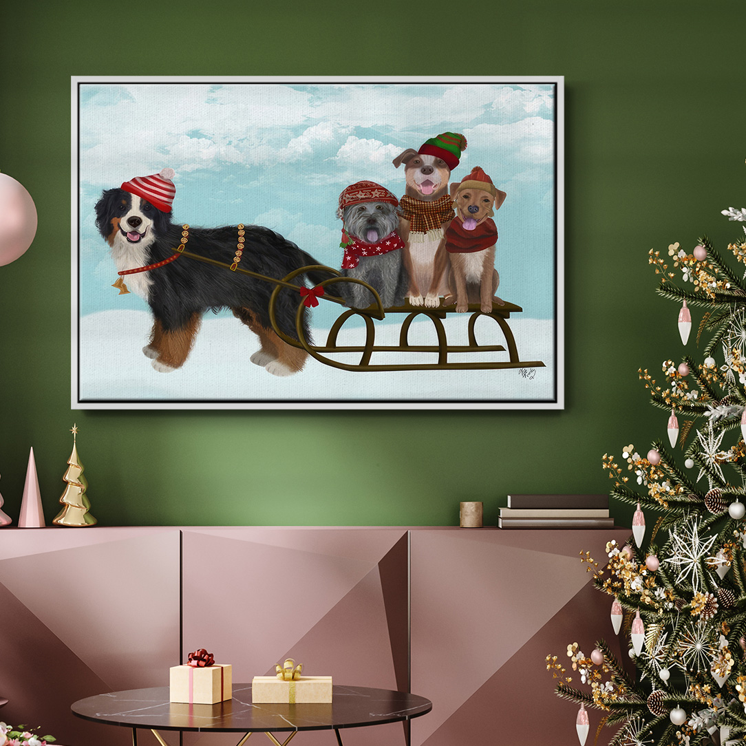 Christmas Mutt Sled - Framed Gallery Wrapped Holiday Canvas - 17 x 25 - White Frame