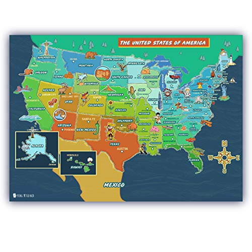 USA Map for kids (24"x36") Poster 50 states and capitals Laminated Extra Large Young N Refined