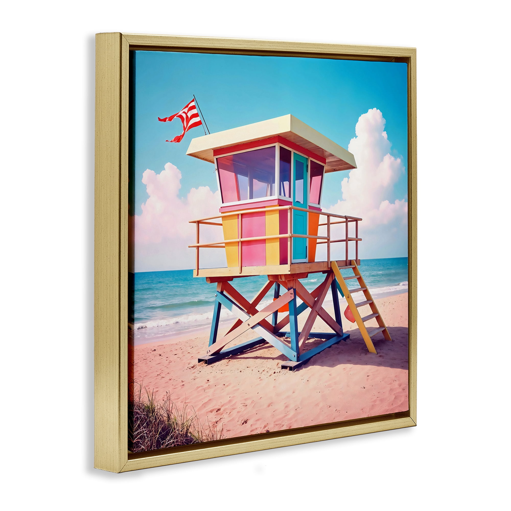 Stupell Industries Colorful Sunny Beach Tower Gold Framed Floater Canvas Wall Art, design by Creative Studio
