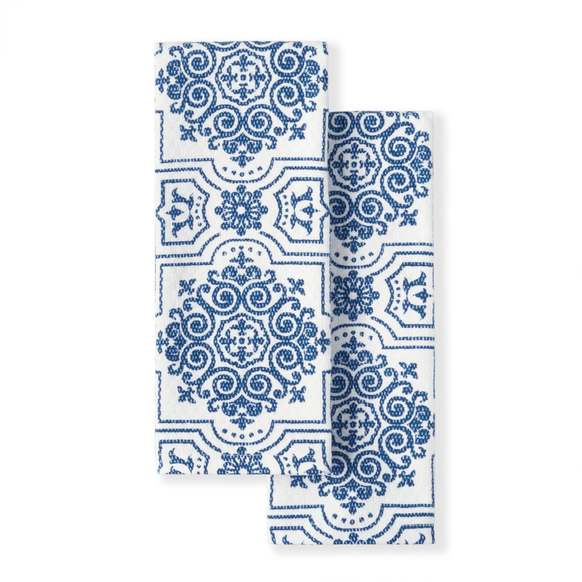Martha Stewart Kitchen Towels Set Of 3 dish hand 2 Blue Pine Trees 1 Solid  White