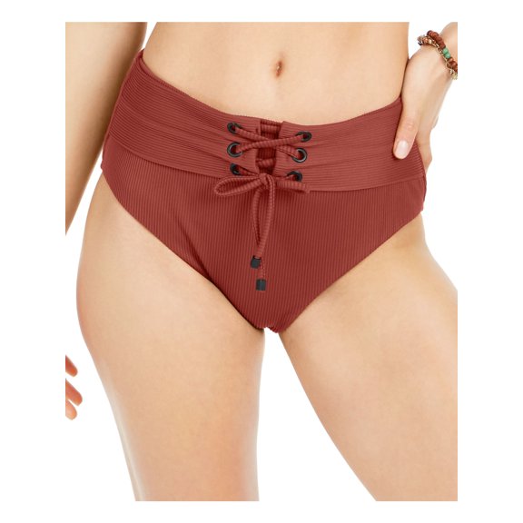 BAR III Women's Red Stretch Grommet Tie High-Leg Bikini Full Coverage Ribbed High Waisted Swimsuit Bottom M