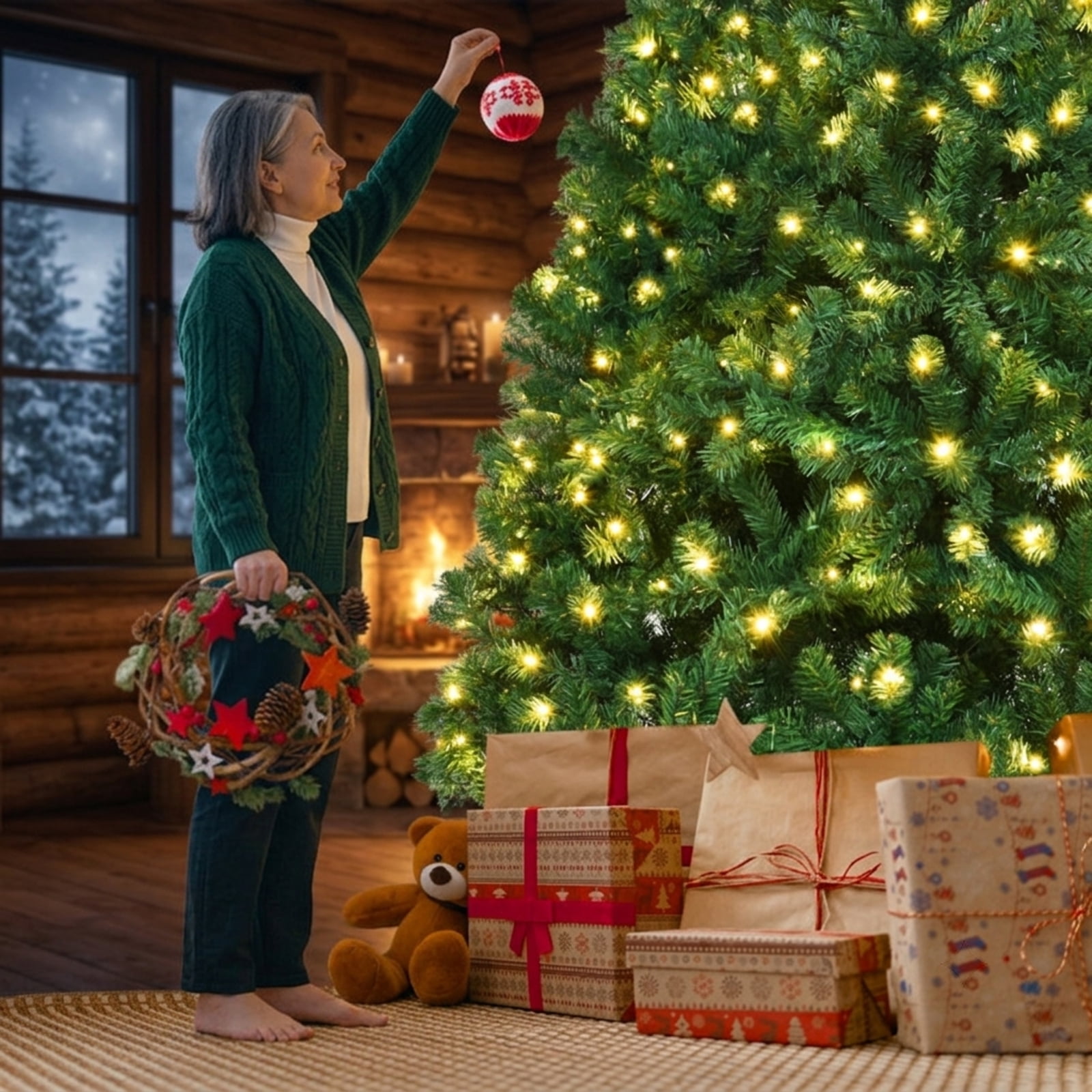 RUIE, 7.5 ft, Pre-Lit Artificial Christmas Tree, Tall Pre-Lit Christmas Tree, 1346 Branch Tips, Green, Hinged Branches for Christmas Party Living