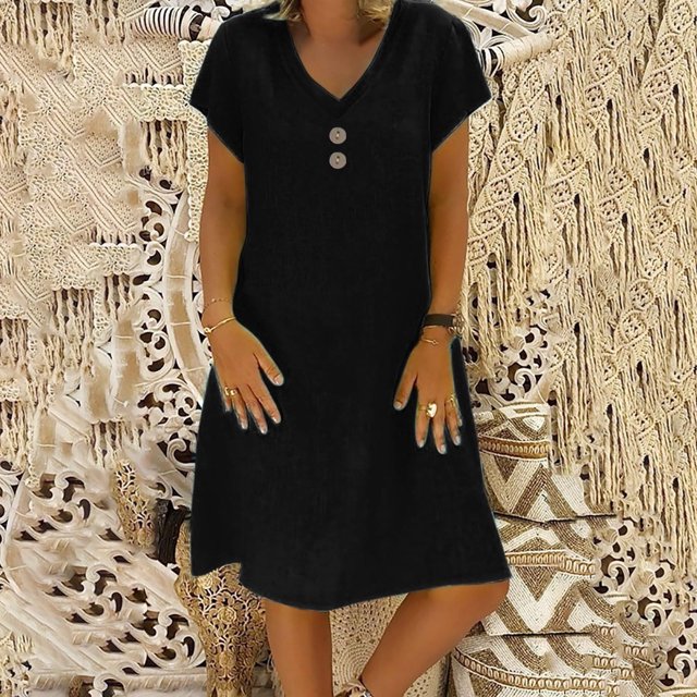 KIHOUT Linen Dresses for Women Summer V-Neck Solid Color Short Sleeve Button T-shirt Dress