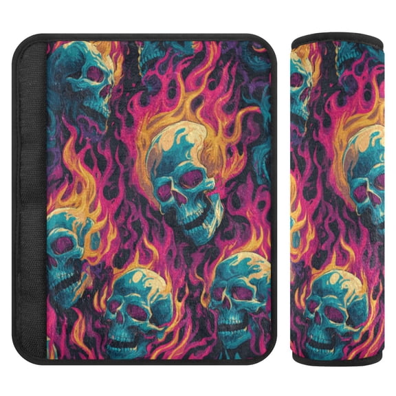 2 Pcs Seat Belt Strap Covers Pad for Car Soft Flannel Car Seat Belt Shoulder for All Cars Burning Skulls