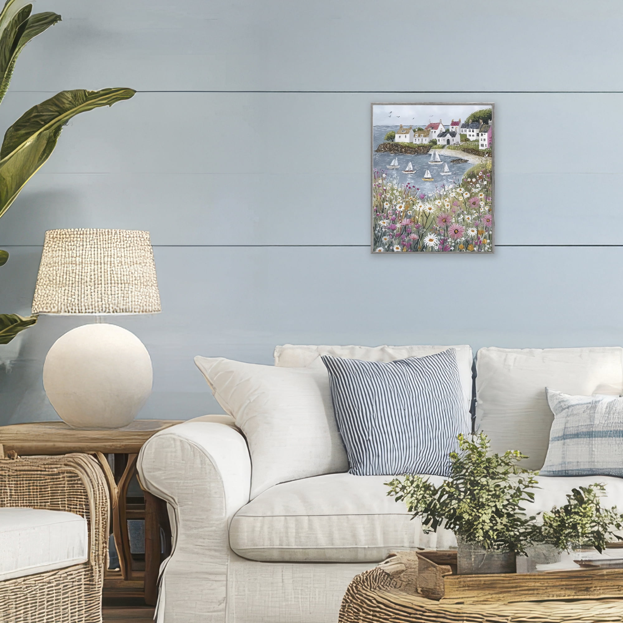 Stupell Industries Seaside Sailboats in Village Bay Gray Framed Giclee Art, design by Riley B