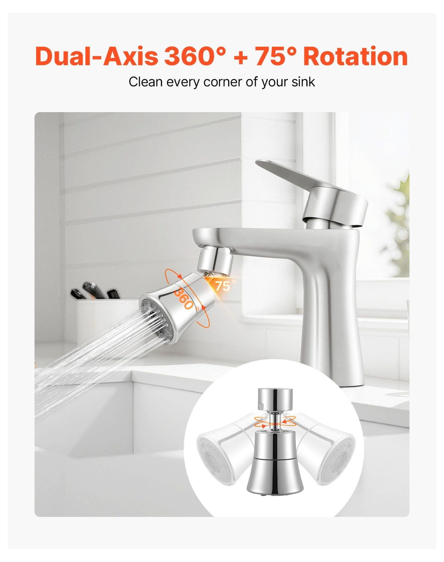Faucet Aerator 360° Swivel Kitchen Sink Aerator - 5-Flow Brass Adapter - Flexible Rotation, Easy Install, Multi-Function Spray