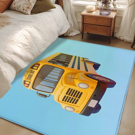 Area Rug for Living Room, School Bus Non-Slip Indoor Large Carpet for Bedroom/Dining Room, Cartoon Funny Yellow Transportation Truck Blue Washable Low-Profile Floor Mat Runner Rugs - 2.7 x 5 Ft