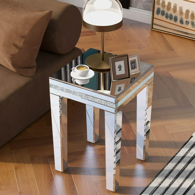 Mirrored End Table Silver Glass End Table Corner Table w Crystal Details Adjustable Legs Contemporary Side Table Nightstand Bedside Tables Small Coffee Night Table for Living Room Bedroom Silver Walma...