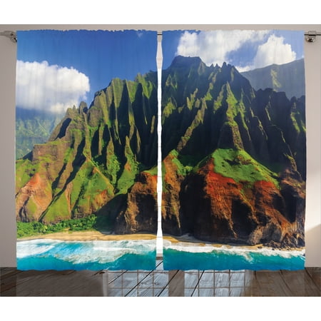 Na Front Panel - Nature Curtains 2 Panels Set, Aerial View of Na Pali Coast Kauai Hawaii Mountain Cliff Seacoast Scenic Photo, Living Room Bedroom Decor, Green Brown, by Ambesonne