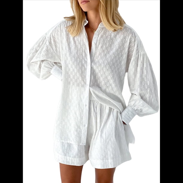 Conjunto de Dos Piezas para Mujer: Blusa Holgada de Larga Abullonada y Pantalones Cortos de Cintura Alta con Bolsillos Laterales. L
