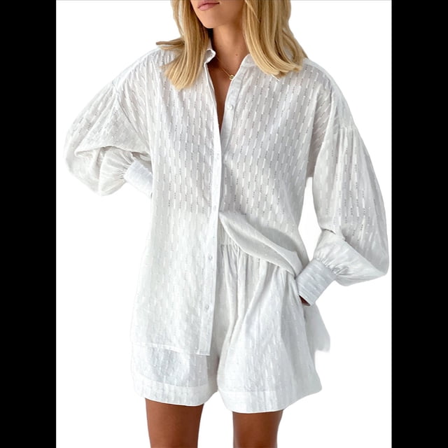Conjunto de Dos Piezas para Mujer: Blusa Holgada de Larga Abullonada y Pantalones Cortos de Cintura Alta con Bolsillos Laterales. L