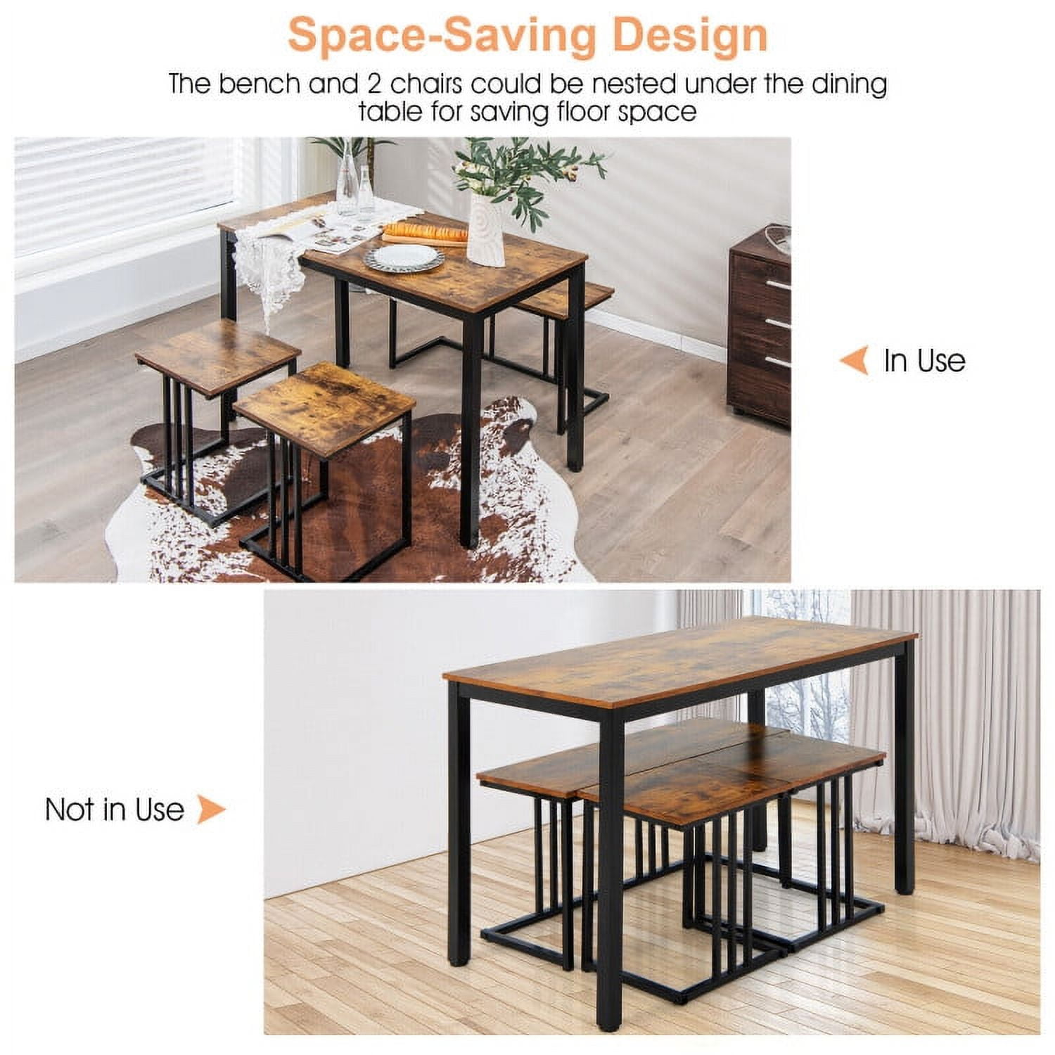 Finihen Dining Set, Dining Table Set, 4 Pieces Industrial Dining Table Set with Bench and 2 Stools, for Home, Restaurant, Brown Finihen Dining Set, Dining Table Set, 4 Pieces Industrial Dining Table Set with Bench and 2 Stools, for Home, Restaurant, Brown