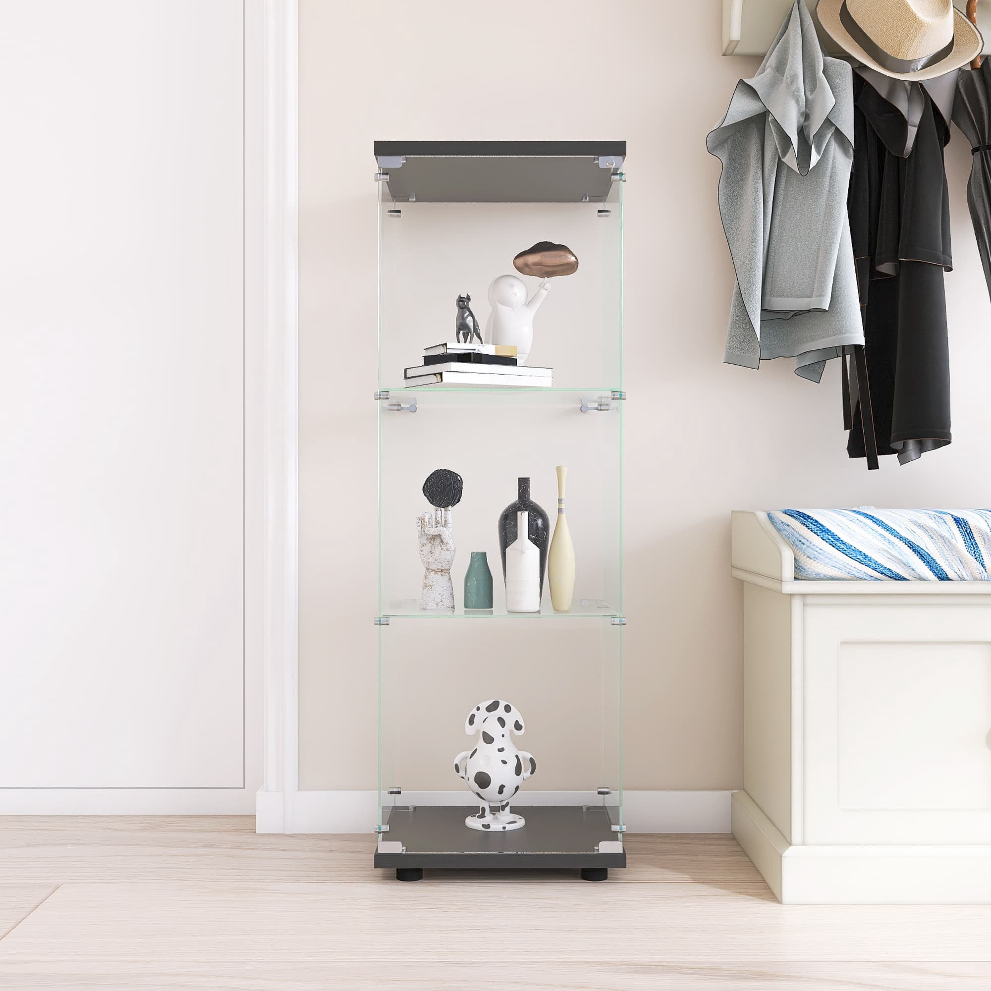 MAYEERTY Glass Display Cabinet with 3 Shelves, One-Door Glass Bookshelf Cabinets, Black, 49.3"×16.7"×14.3"