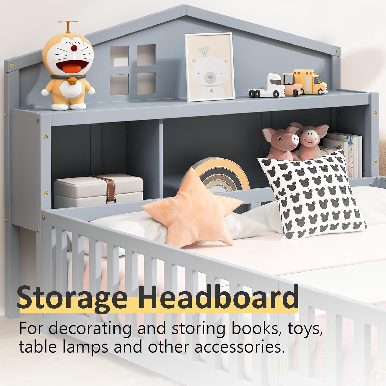 Mirightone Full Montessori Floor Bed with Storage Headboards and Guard rails, Montessori Bed Frame with Blackboards for Kids Teens, Gray