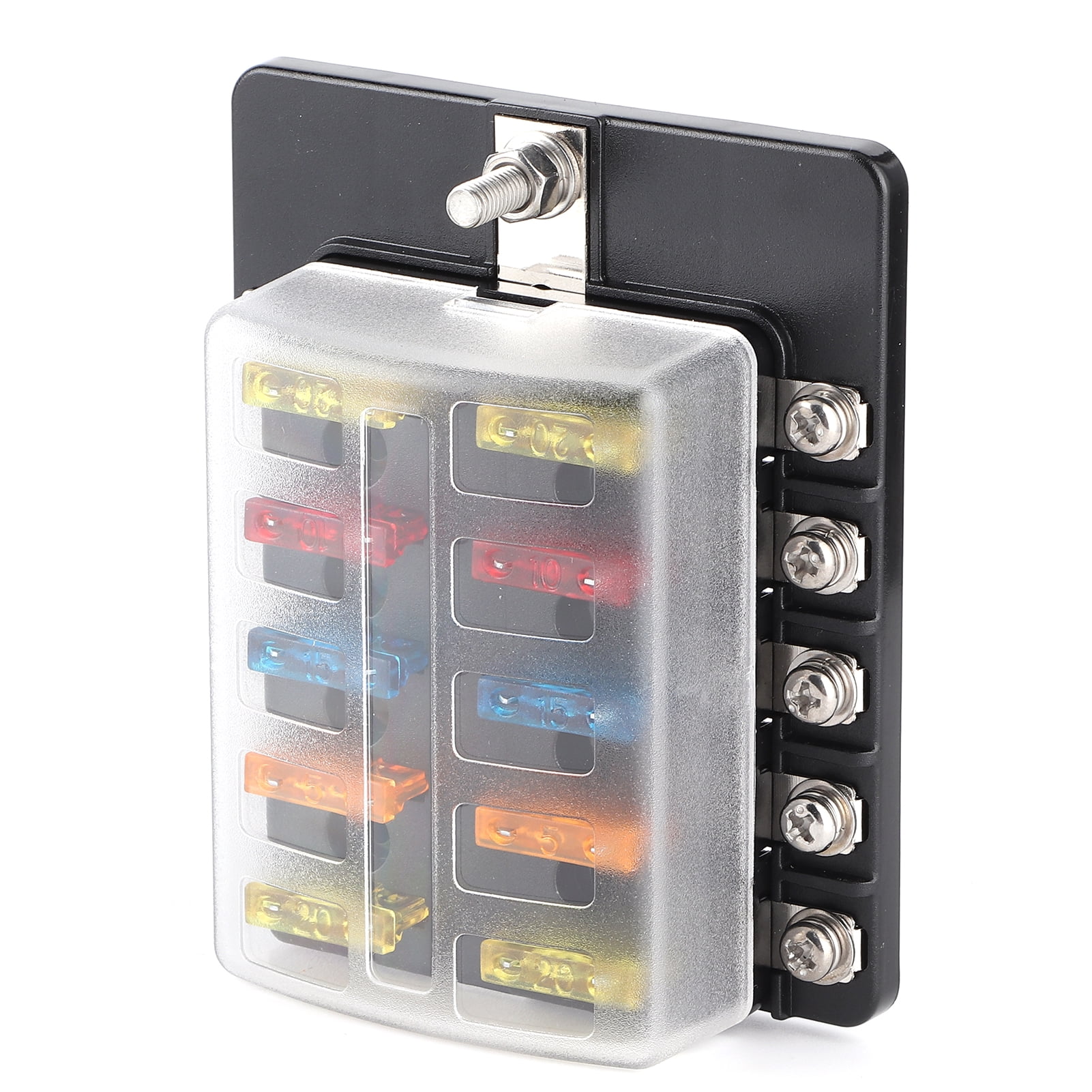 Portafusibles De 4 Vías Con LED - Para Fusibles Estándar ATO/ATC | Incluye Fusibles 5A,10A,15A,20A | Voltaje Máximo 32V CC | Conexiones De Perno M5 Y Terminales De 6.3mm
