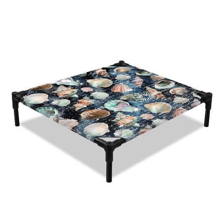 Summer Watercolor Elevated Dog Bed Ocean Seashell Blue Texture Cooling Breathable Outdoor Raised Dog Cot Bed with Metal Frame Non-Slip Feet for Small Dog 20x20in