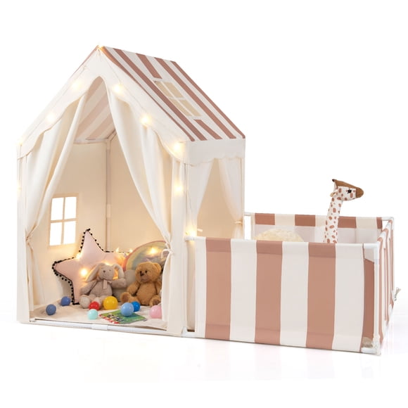INFANS Kids Play Tent, 2 in 1 Indoor Large Toddler Pretend Playhouse with Playpen, Star Lights, Washable Cotton Mat, Teepee Toys Gift for Boys Girls Aged 3+