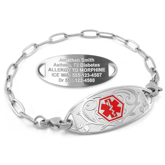 MedicEngraved Bracelet d'Alerte Médicale Personnalisé en Acier Inoxydable - Maillon Trombone 4 mm