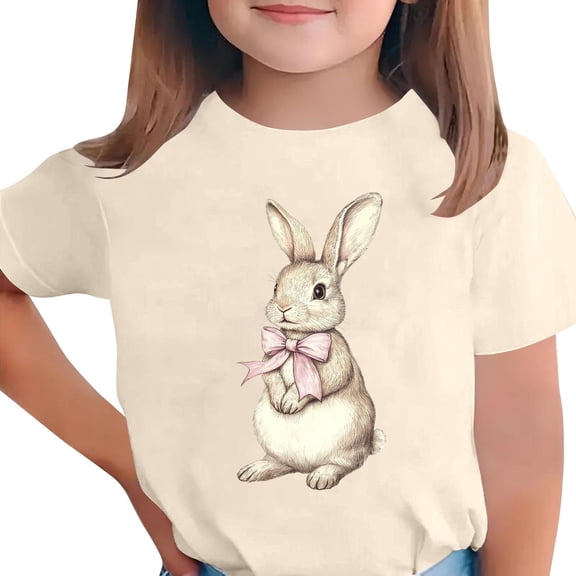 Girls Bunny Graphic T-Shirt Beige Vintage Rabbit with Pink Ribbon Cute Soft Tee for Easter Spring Everyday,Size 4-5T