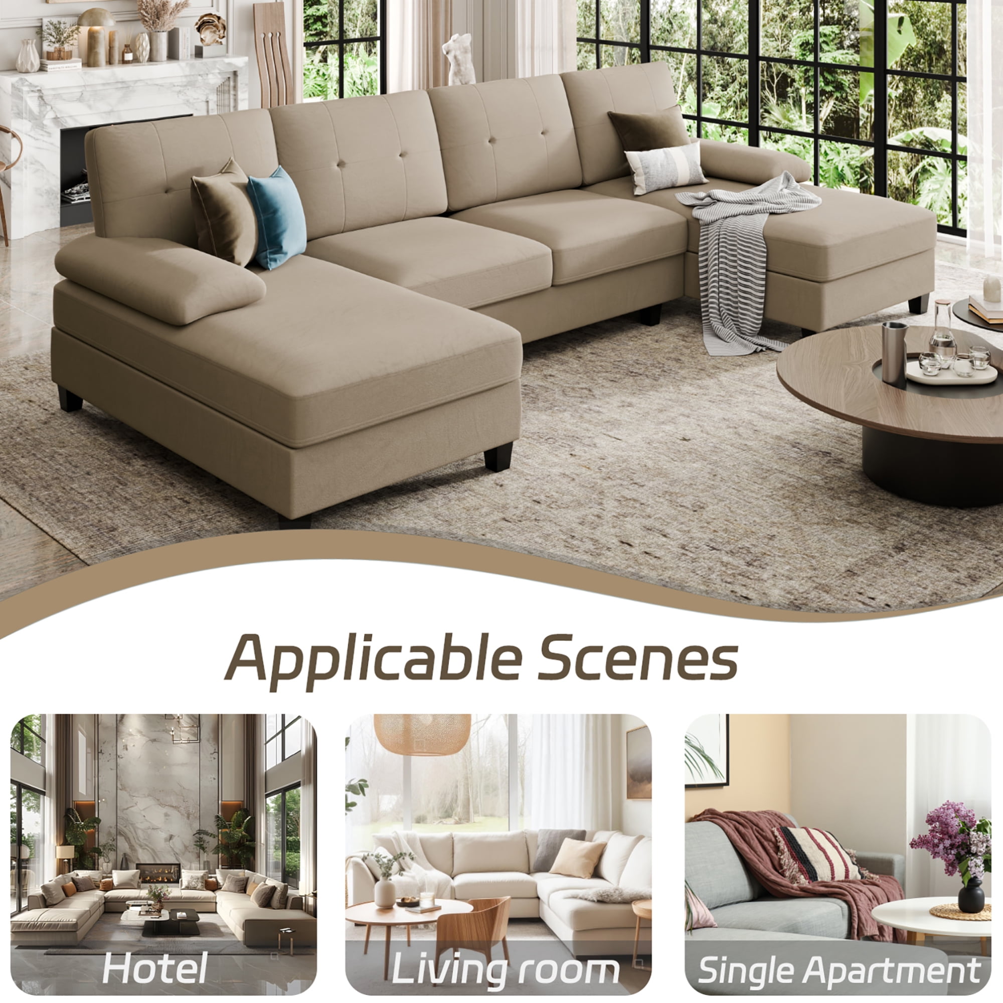 Walsunny U-Shaped Sectional Sofa Couch, 4 Seat U Shaped Oversized Clearance Sofa Set with Double Chaise for Living Room, Khaki