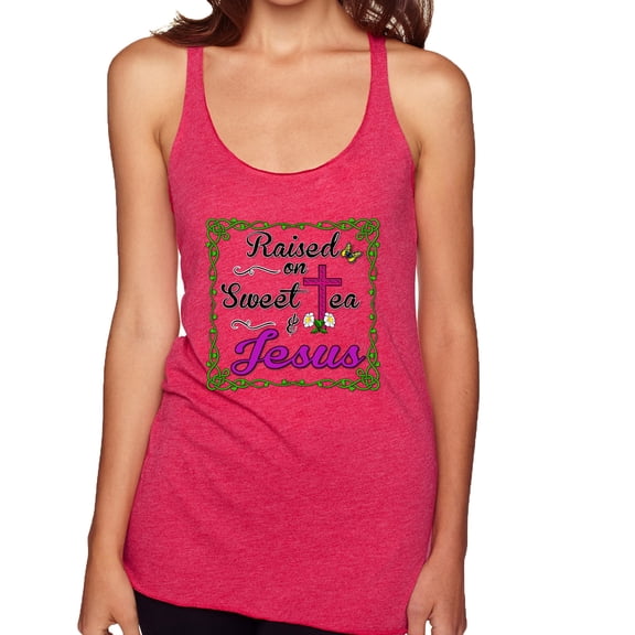 Wild Bobby, Raised On Sweet Tea & Jesus, Inspirational Christian, Women Tri-Blend Racerback Tank Top, Shocking Pink, Large