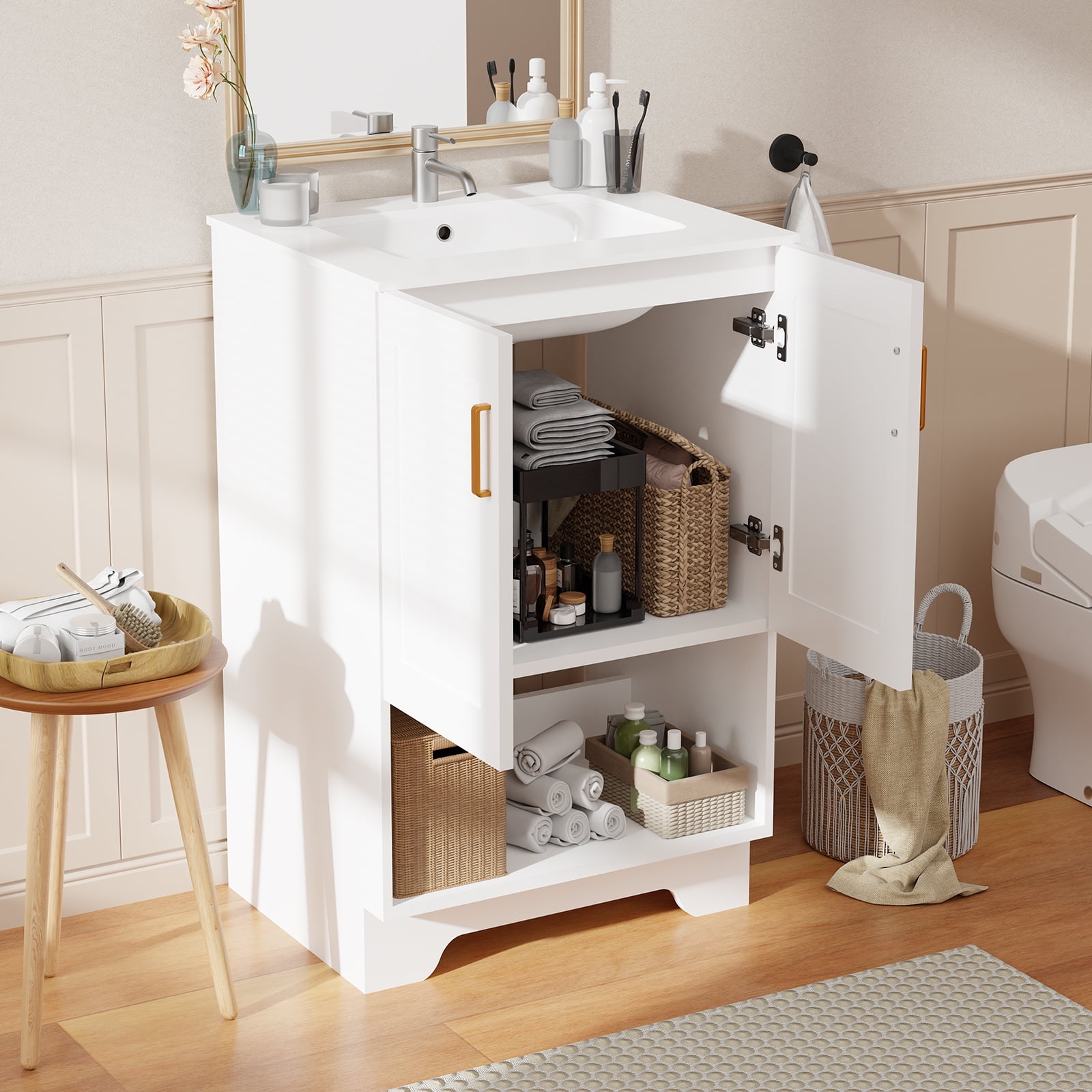 KZElegy 24 Inch Modern Bathroom Sink Cabinet Freestanding Vanity with Sink,2 Soft-Close Doors & 1 Open Shelf,Bathroom Storage Cabinet,White