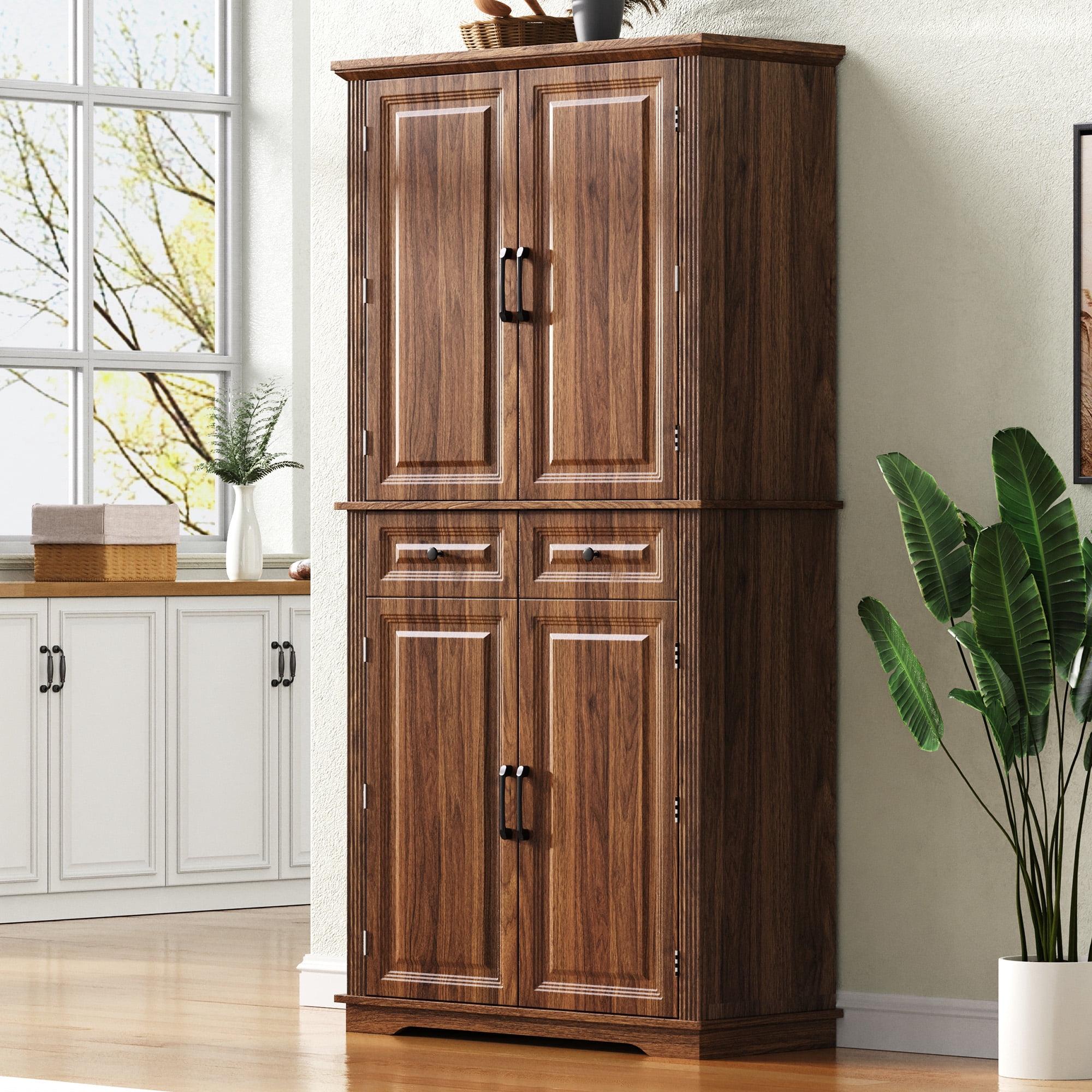 Mintazer 71" Tall Farmhouse Pantry Cabinet with Adjustable Shelves & 6 Door Shelves, Freestanding Storage Cabinet with 2 Drawers & 3 Pull-Out Organizers for Kitchen Dining Room Living Room, Brown