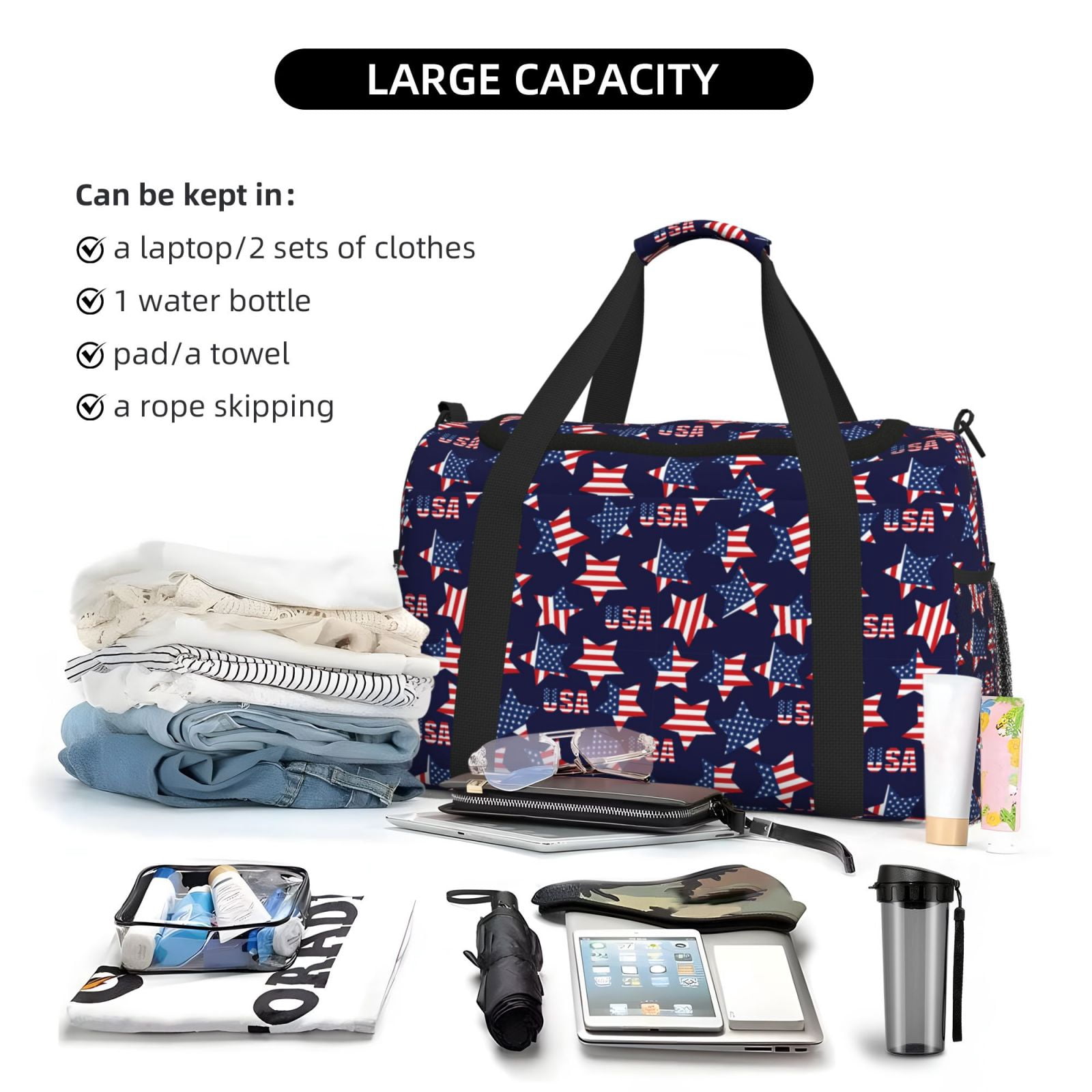 Fuzoiu American Stars Print Travel Duffle Bag,Carry On Tote Bags,Duffel Bag,Sport Gym Bag, Hospital Bag for Labor and Delivery, Overnight Bag,Luggage Bag