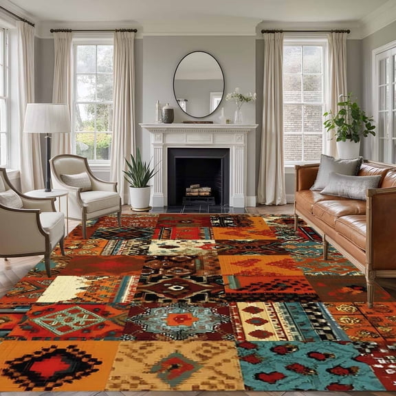 8x10 Area Rugs for Living Room, Brown Red Boho Non Slip Area Rugs for Kitchen Bedroom Entryway, Vintage Ethnic Tribe Abstract Art Washable Carpet Runner Rug Floor Mats for Bedroom Home Decor