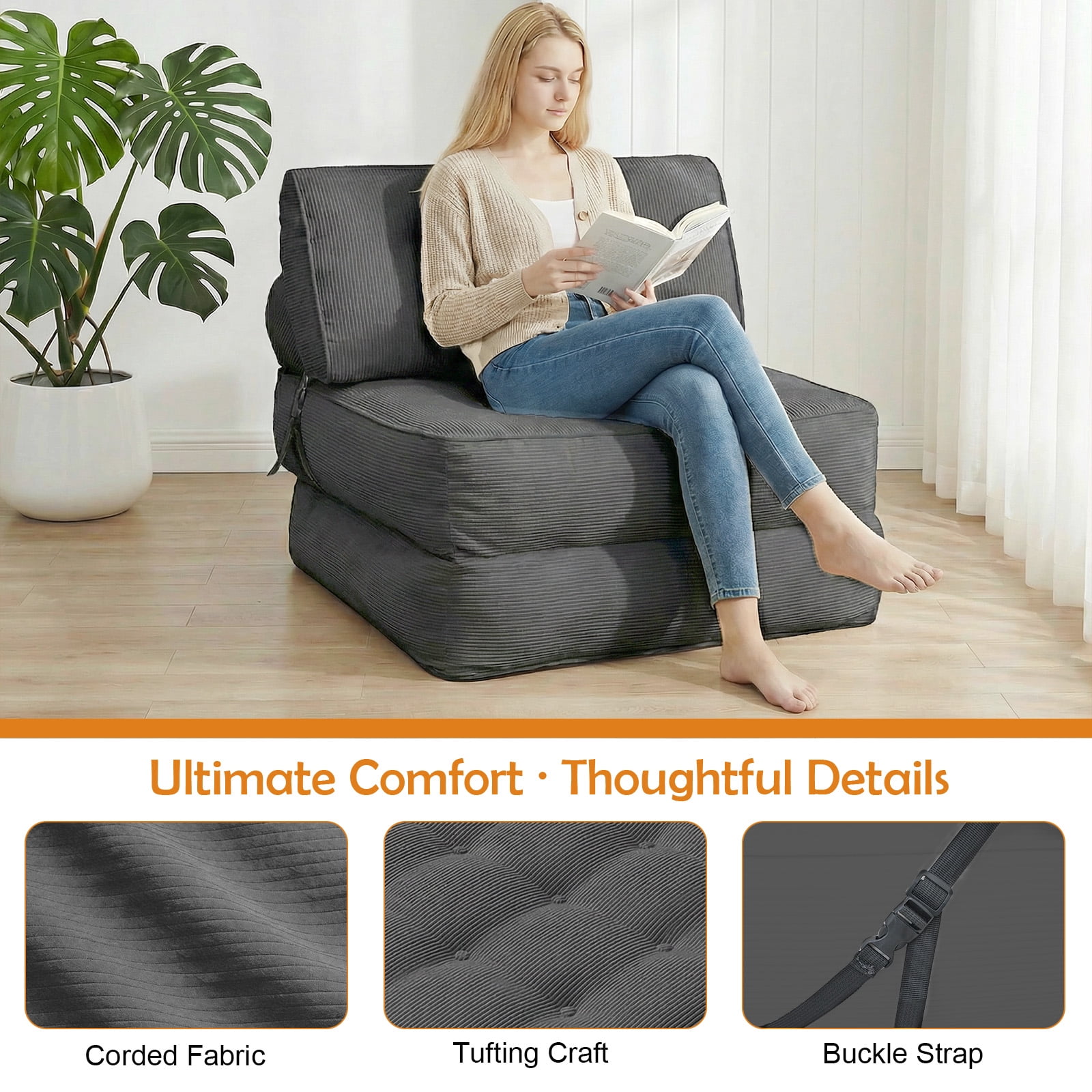 CATGOOD Single Sofa Bed with Pillow, Convertible Sleeper Sofa for Small Spaces, Portable Boneless Small Couch Comfy Floor Sofa Lounge Chair for Living Room, Bedroom, Gray