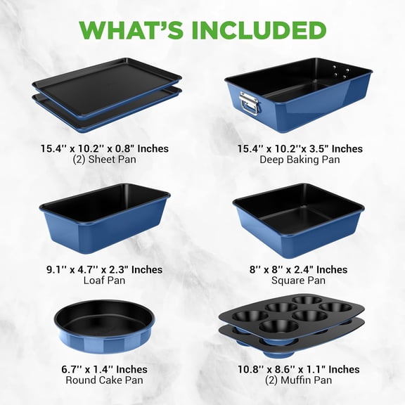 Free Baking Tray Set w/Non-Stick Coating, 450°F Oven Safe, Round Cake, Loaf, Muffin, Wide/Square Pans, Cookie Sheet (Blue)