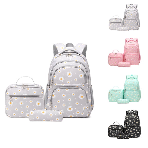 Lumtrix Womens 3PCS Cute Flower Print Backpack with Lunch Bag & Pencil Case - Bookbag for Teen High College Work Travel Daypack Pink