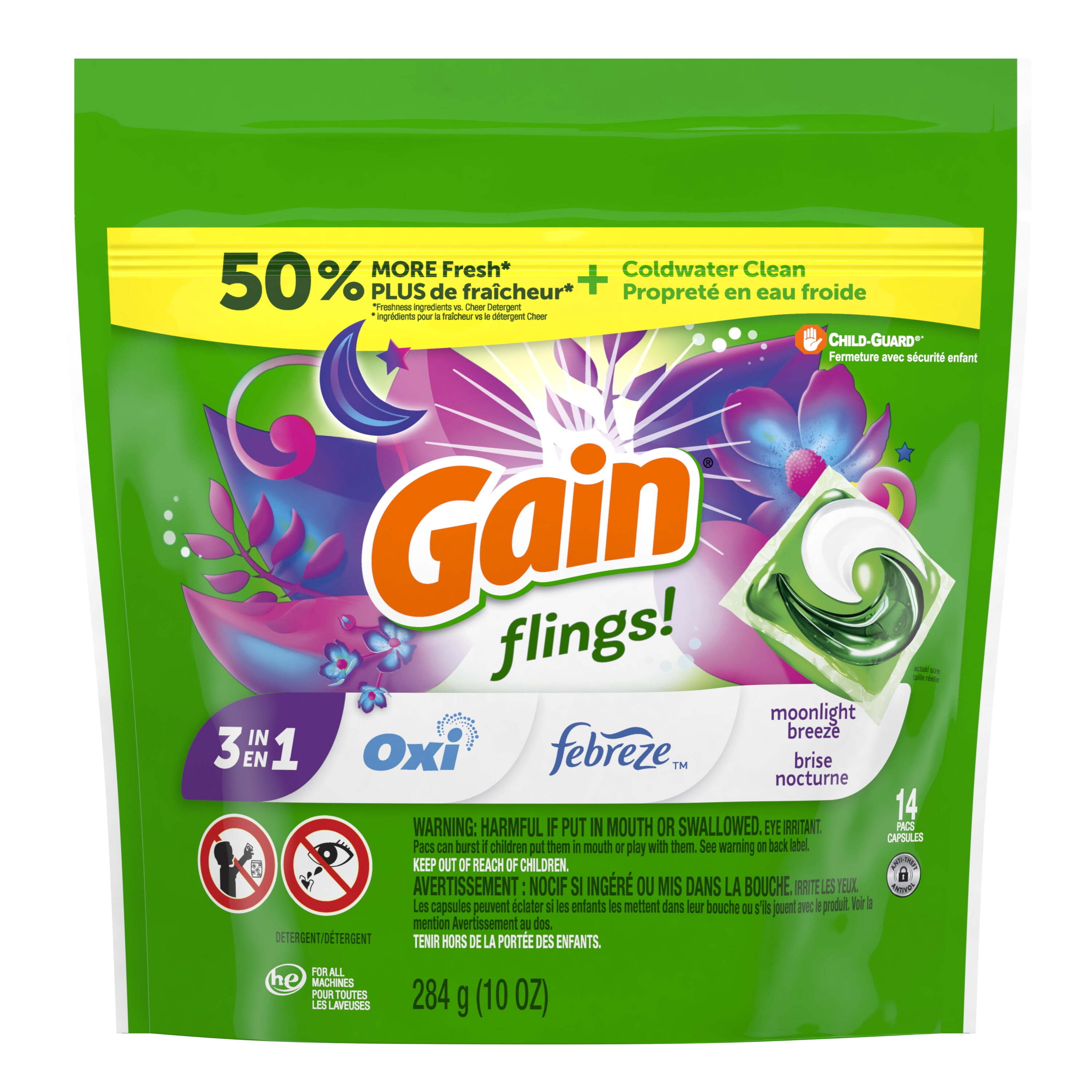Gain Flings 3-in-1 Oxi Boost and Febreze Laundry Detergent Pacs, Moonlight Breeze Scent, 14 Count