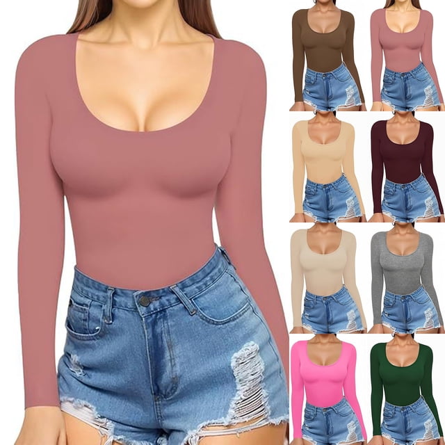 Womens Long Sleeve Shirts Fitted Tops Scoop Neck Slim T Shirts Going Out Tops Basic Tees Claret
