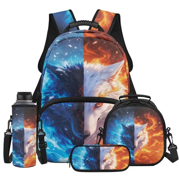 HUIACONG Fire & Ice Wolf Kids Backpack for Boys & Girls, Lightweight Daily Bookbag with Lunch Box, Pencil Case and Insulated Water Bottle Sleeve, Practical 4PCS Backpack Set for Students Ages 10-12