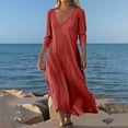 thumbnail image 6 of Loose Cotton Linen Dress Women's Summer Dress Fashion Solid Elegant Atmospheric Straight Dress V-neck Short-Sleeved Long Dresses Women's Clothing Date Night Going Out Dresses Wine 2XL, 6 of 6