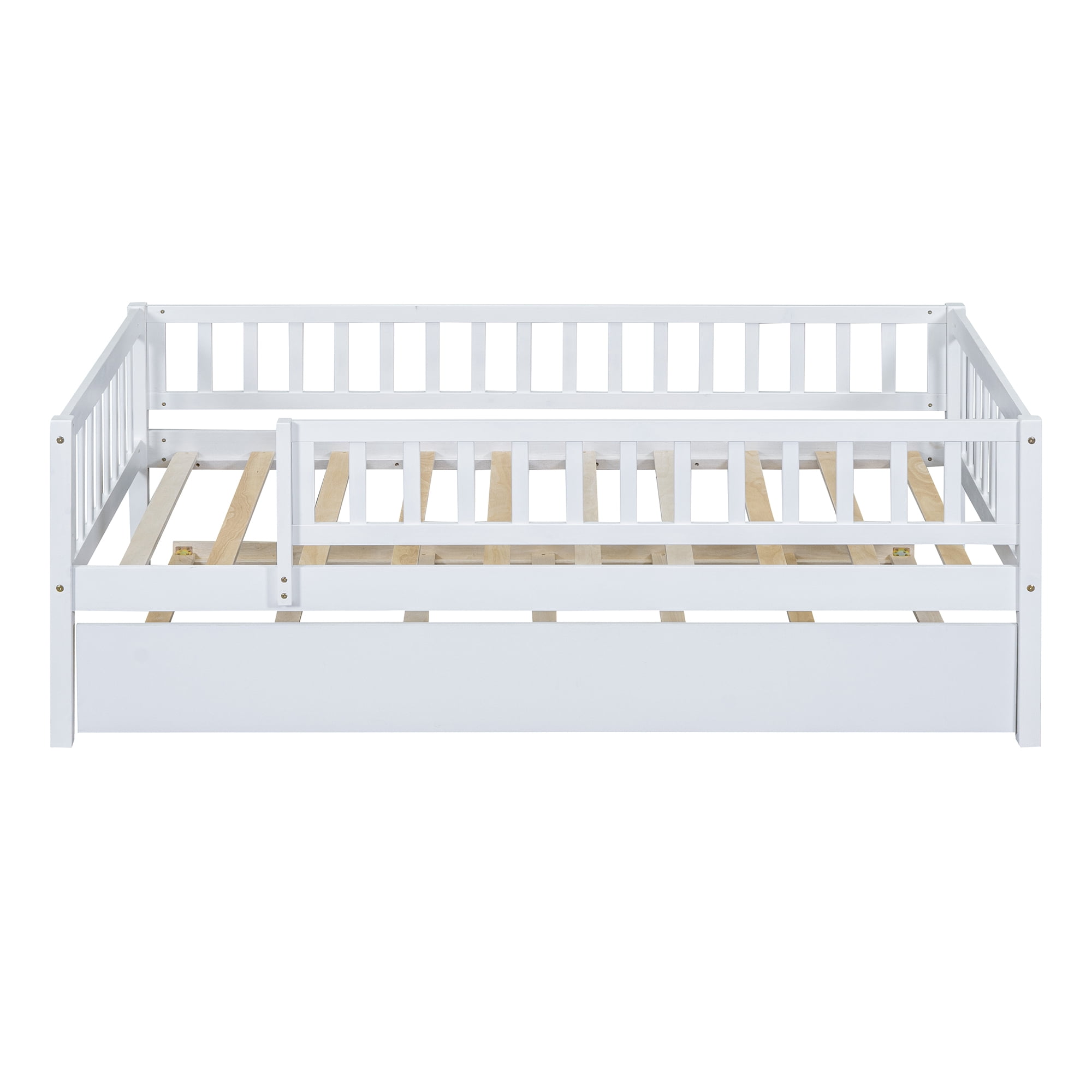 Twin Size Wood Daybed with Trundle and Fence Guardrails, White