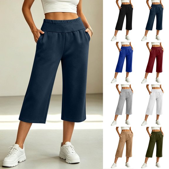 LEAVINGSUO Wide Leg Sweatpants for Women Winter Casual Solid Color Loose Sweatpants Elastic Waist Pockets Blue S